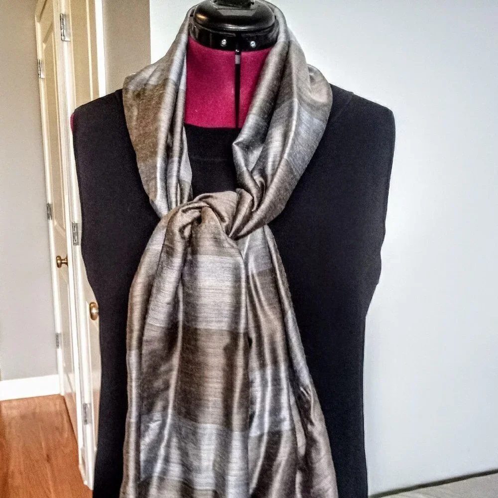 Blue Taupe Striped Oblong Fringed Scarf Wrap